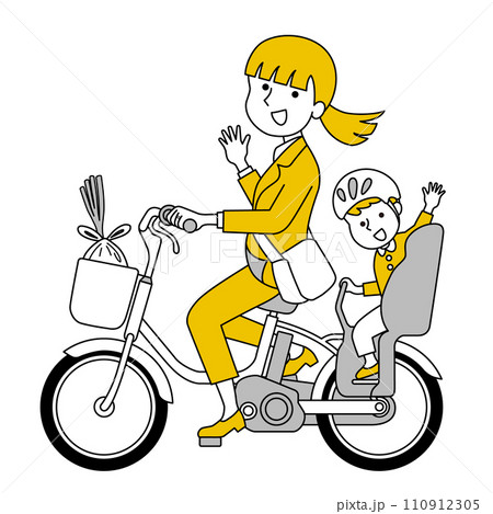 自転車で子供の送り迎えをするビジネスウーマン 自転車で子供の送り迎えをするビジネスウーマン 110912305