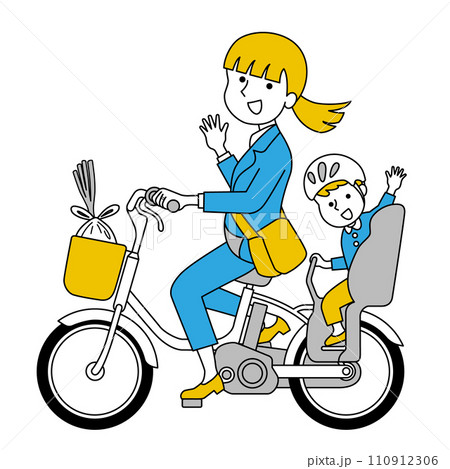 自転車で子供の送り迎えをするビジネスウーマン 110912306