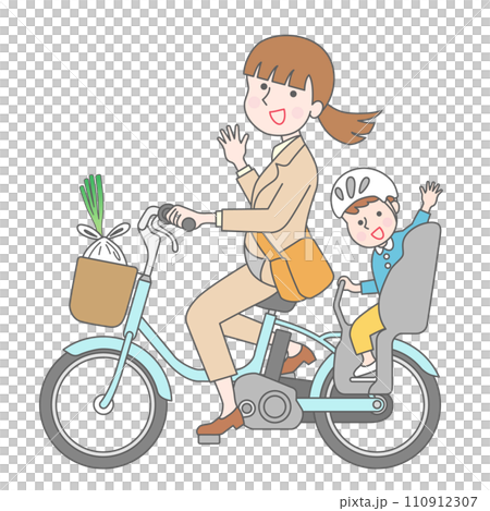 自転車で子供の送り迎えをするビジネスウーマン 110912307