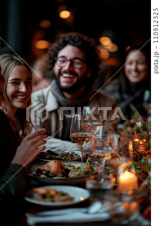 Group of friends having dinner at restaurant. Cheerful young men and women sitting at the table 110912325