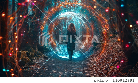 Woman walking inside of a fantasy bubble in a magic forest Woman walking inside of a fantasy bubble in a magic forest 110912391