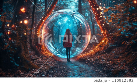 Woman walking inside of a fantasy bubble in a magic forest 110912392
