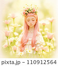 ピンクのドレスと花冠を身に付けた少女 110912564