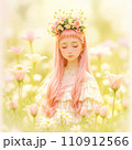 ピンクのドレスと花冠を身に付けた少女 110912566