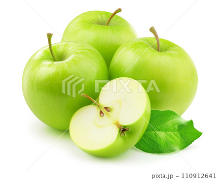 Vibrant green apples and a half with leaf isolated on white Vibrant green apples and a half with leaf isolated on white 110912641