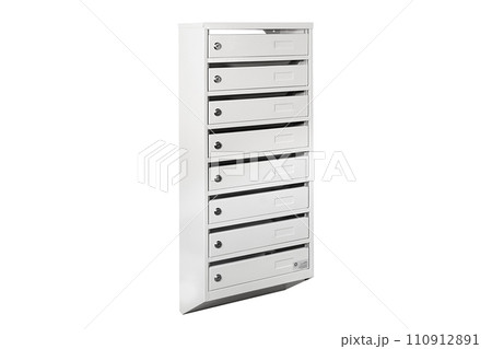 Mail boxes filled of leaflets and letters. Shallow DOF,Mailboxes and Lock in Rows at Entrance 110912891
