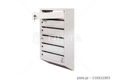Mail boxes filled of leaflets and letters. Shallow DOF,Mailboxes and Lock in Rows at Entrance 110912965