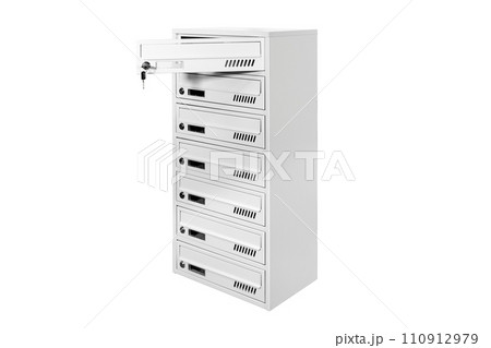 Mail boxes filled of leaflets and letters. Shallow DOF,Mailboxes and Lock in Rows at Entrance Mail boxes filled of leaflets and letters. Shallow DOF,Mailboxes and Lock in Rows at Entrance 110912979