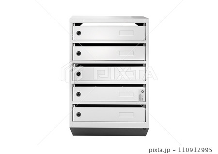 Mail boxes filled of leaflets and letters. Shallow DOF,Mailboxes and Lock in Rows at Entrance 110912995