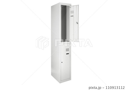 White lockers with silver numbers in bright interior. Change room metal box row 110913112