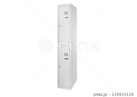 White lockers with silver numbers in bright interior. Change room metal box row 110913118
