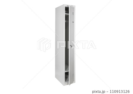 White lockers with silver numbers in bright interior. Change room metal box row 110913126