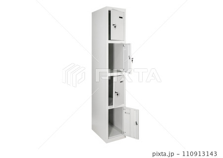 White lockers with silver numbers in bright interior. Change room metal box row 110913143