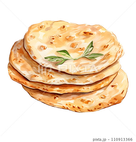 Naan bread water color hi quality isolated on white background Naan bread water color hi quality isolated on white background 110913366