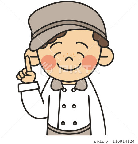 指差しポーズをして笑顔で説明しているパン屋の店員さんのイラスト 110914124