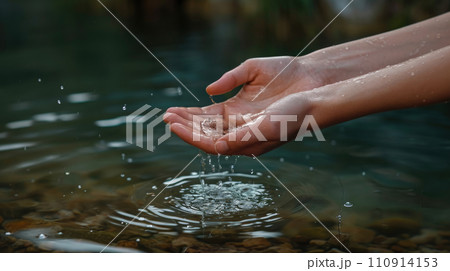Hand Catching Water Droplets Over River 110914153
