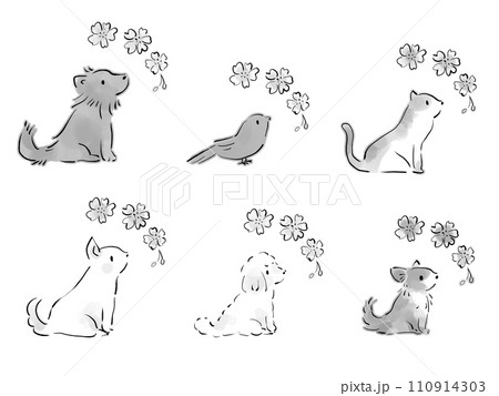 桜と横向きのペットのイラスト 110914303