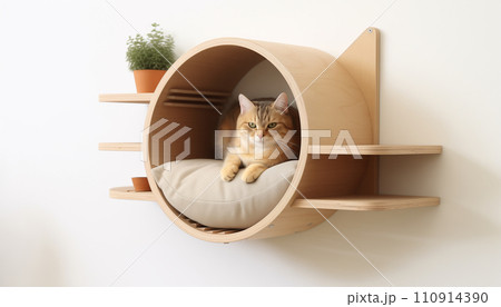 Creative round wooden house shelf for cats on wall for pet climbing activity. Creative round wooden house shelf for cats on wall for pet climbing activity. 110914390