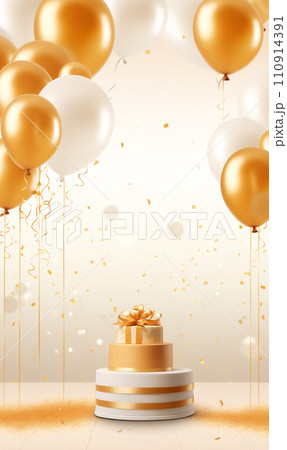 Big orange birthday cake with gold and white air balloons 110914391