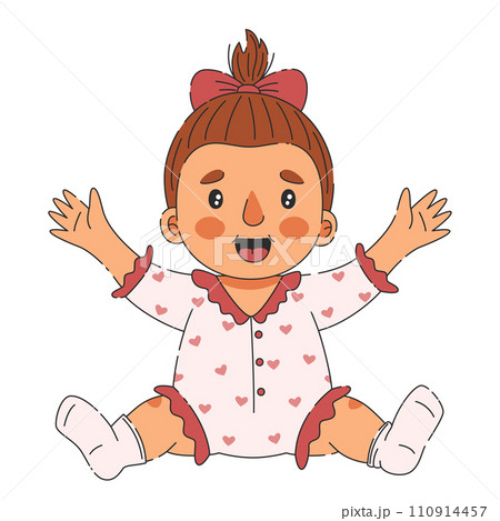 Baby girl cute and cheerful, sits with her hands raised and laughs 110914457