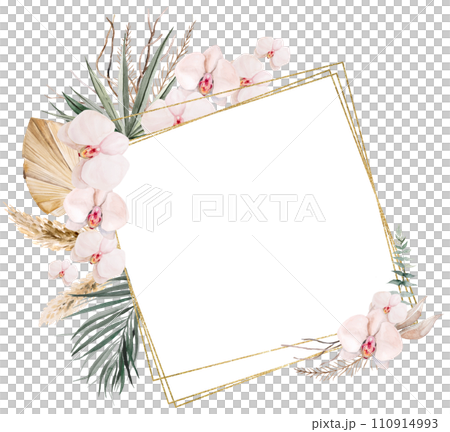 Watercolor frame with beige and green tropical leaves and flowers, Boho Wedding illustration Watercolor frame with beige and green tropical leaves and flowers, Boho Wedding illustration 110914993