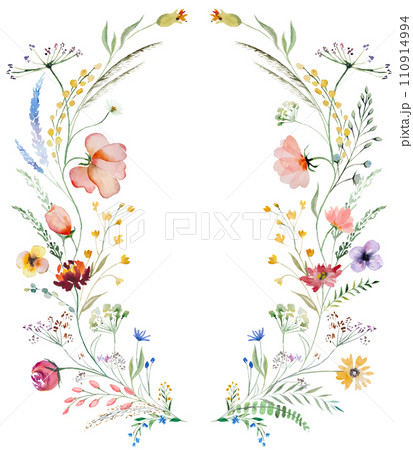 Wreath made of watercolor wildflowers and leaves, wedding and greeting illustration 110914994