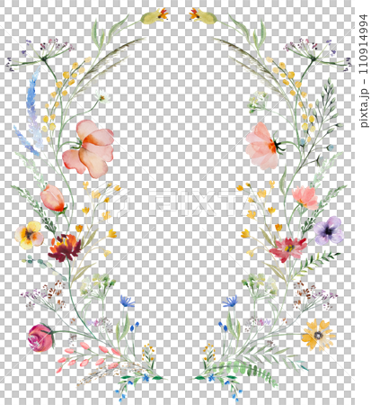 Wreath made of watercolor wildflowers and leaves, wedding and greeting illustration 110914994