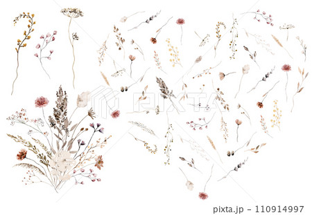 Heart and bouquet made with watercolor autumn wild flowers and leaves, Brown and beige wedding illustration 110914997