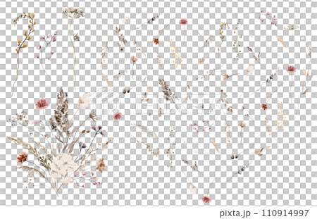 Heart and bouquet made with watercolor autumn wild flowers and leaves, Brown and beige wedding illustration 110914997