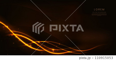 Abstract gold curved lines on black background with lighting effect bokeh and copy space for text. 110915053