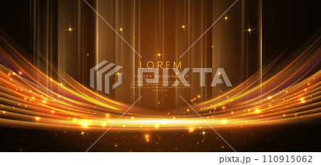 Elegant golden scene on dark brown background glowing with lighting effect sparkle. Template premium award design. 110915062