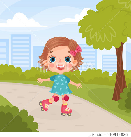 Happy Girl Character Ride Roller Skates Outdoor Do Sport Vector Illustration Happy Girl Character Ride Roller Skates Outdoor Do Sport Vector Illustration 110915886