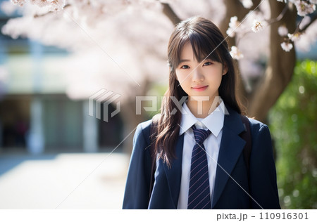 春　桜の前で微笑む少女　「AI生成画像」 110916301
