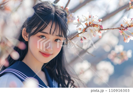 春　桜の前で微笑む少女　「AI生成画像」 110916303