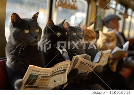 Cat Commuters on a Train group of cats donned in business attire, commuting to work on a train, each with a newspaper and a briefcase. 110916312