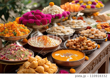 Exuberant Holi Feast: A Culinary Symphony: Envision a lavish table overflowing with delectable Holi delicacies, representing the festival's abundance and celebration 110916332
