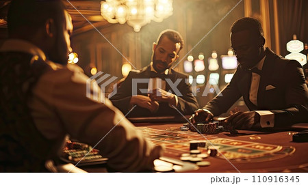 Upper class friends gambling in a casino Upper class friends gambling in a casino 110916345