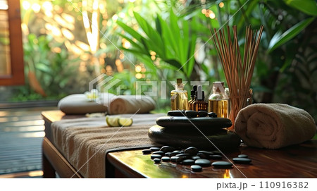 Soothing Spa Setting with Oils and Incense 110916382