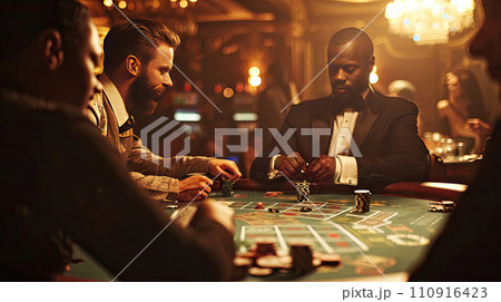 Upper class friends gambling in a casino 110916423