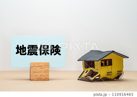 地震で倒壊した家と地震保険の文字素材 地震で倒壊した家と地震保険の文字素材 110916465