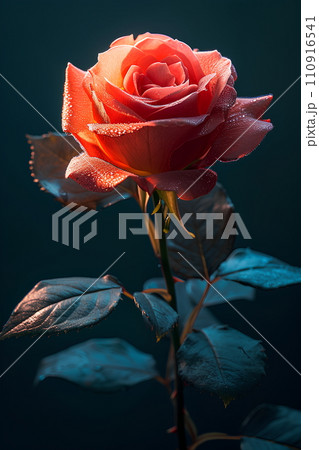 Close-up shot of a rose, light and shadow make The details of the petals and leaves are clearly shown. The composition of images on a black background makes this rose look outstanding and beautiful. 110916541