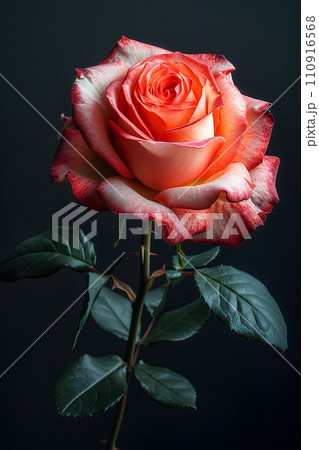 Close-up shot of a rose, light and shadow make The details of the petals and leaves are clearly shown. The composition of images on a black background makes this rose look outstanding and beautiful. Close-up shot of a rose, light and shadow make The details of the petals and leaves are clearly shown. The composition of images on a black background makes this rose look outstanding and beautiful. 110916568