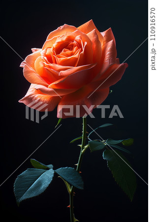 Close-up shot of a rose, light and shadow make The details of the petals and leaves are clearly shown. The composition of images on a black background makes this rose look outstanding and beautiful. 110916570