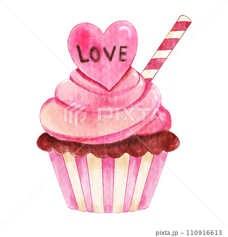 Strawberry cupcake . Valentines day object . Watercolor painting elements . Illustration . 110916613