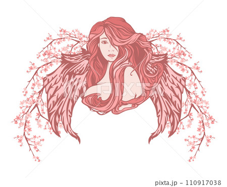 winged angel woman among cherry blossom pink and white vector portrait winged angel woman among cherry blossom pink and white vector portrait 110917038