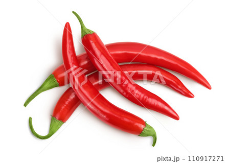 red hot chili pepper isolated on white background. Top view. Flat lay. red hot chili pepper isolated on white background. Top view. Flat lay. 110917271