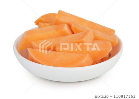 Sweet potato slices in a ceramic bowl isolated on white background with full depth of field 110917363