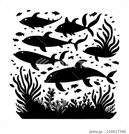 ocean whale underwater coral illustration sketch hand draw  110917390