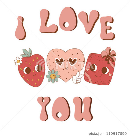 Pink groovy Happy Valentines Day retro lettering element with cute retro strawberry, heart, gift. Cute 14 February vector print Pink groovy Happy Valentines Day retro lettering element with cute retro strawberry, heart, gift. Cute 14 February vector print 110917890