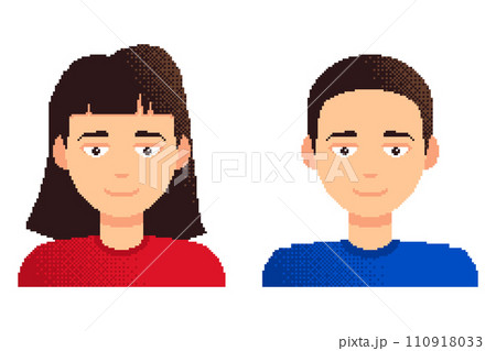 Woman and man pixel art characters. Young boy and girl avatar set, portrait and profile picture. Retro 8-bit style design game asset. Isolated vector illustration. 110918033